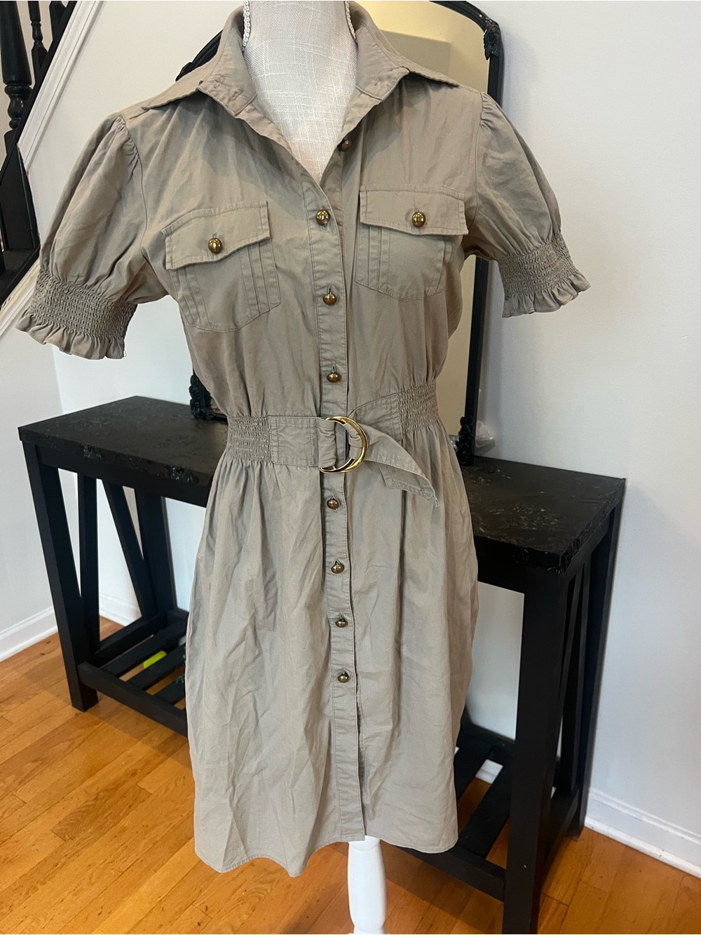 ECI Taupe Button-Front Shirt Dress with Smocked Waist and Belt